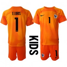 Frankrike Hugo Lloris #1 Målvakt Hemmaställ Barn VM 2022 Korta ärmar (+ Korta byxor)